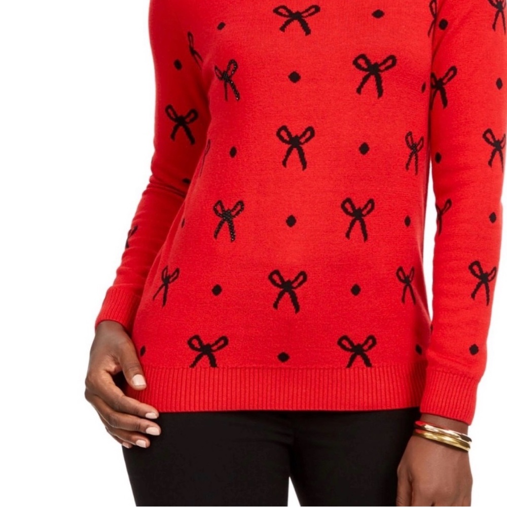 CHARTER CLUB Sweater Women’s S Red Ribbed Long Sleeve Crew Neck Black Bows
